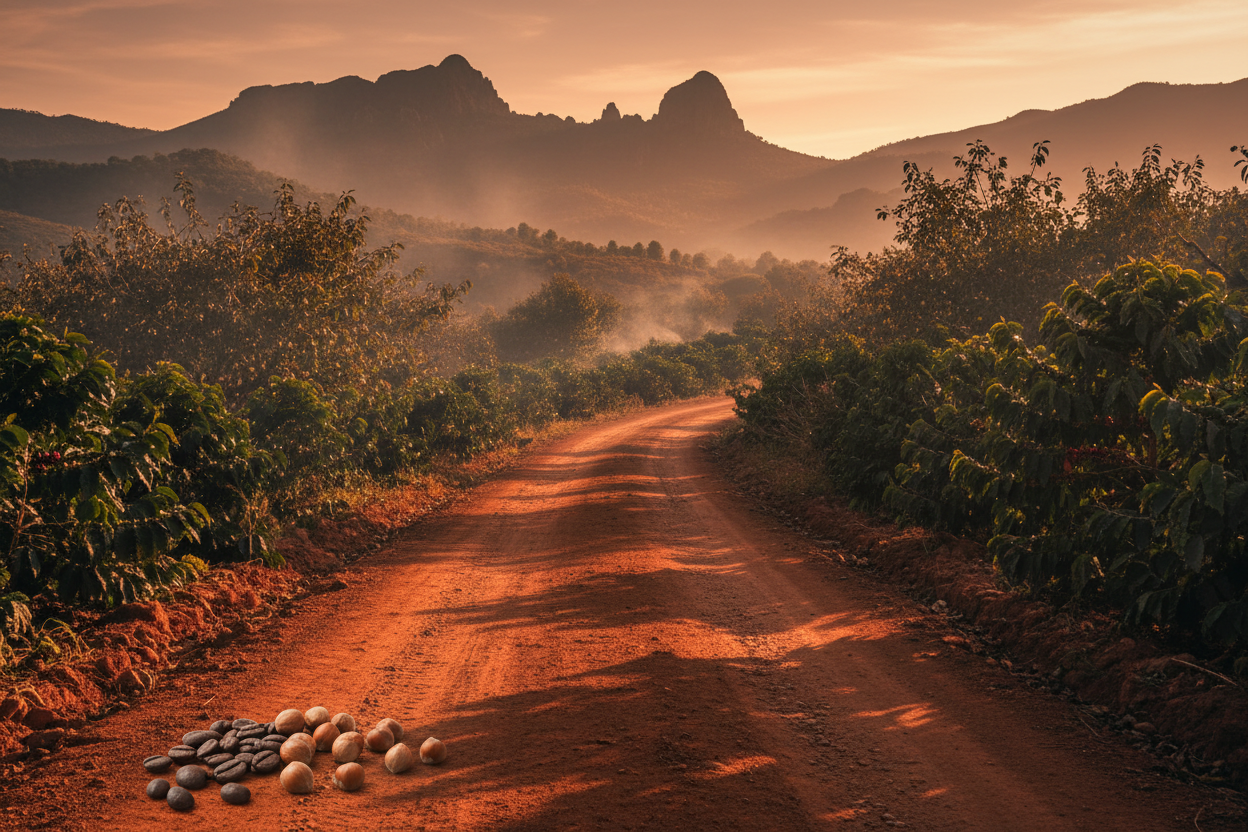 revise image to reflect that some roads don’t lead to cities.
They lead to silence, soil, and stories older than memory.
Red Earth Roast was born on one of those roads—deep in a highland region where the ground glows rust-red at sunset and the air carries the scent of warm nuts, dry leaves, and wood smoke. Travelers pass through at golden hour, when the land seems to breathe, and the horizon melts into copper and clay.